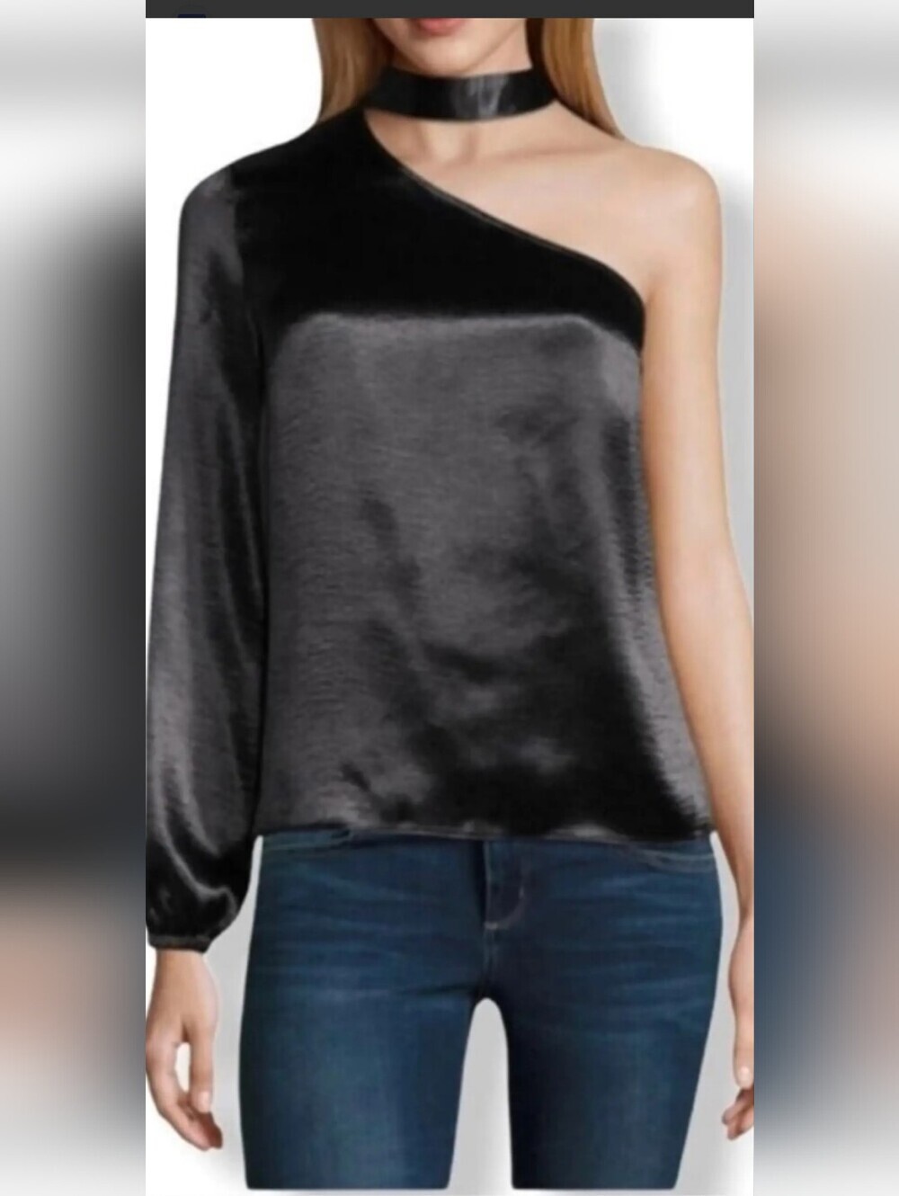 project RUNWAY One-Shoulder Black Satin Blouse with Choker